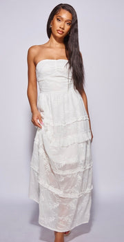 White Embroidered Tiered Bandeau Maxi Dress