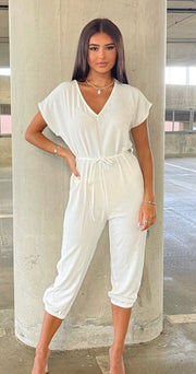 White Short Sleeve Tie Waist Jumpsuit