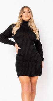 Black Rib Knit Roll Neck Jumper Dress