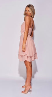 Pink Lace Trim Layered Hem Strappy Mini Dress