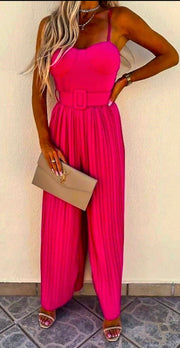 Candy Pink Plisse Pleat Buckle Belt Wide Leg Jumpsuit