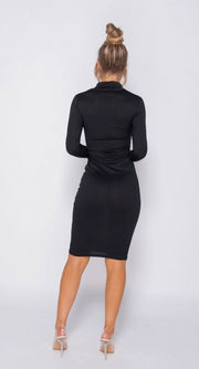 Black Rib Knit Roll Neck Midi Dress