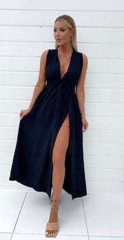 Black Halterneck Plunge Front Thigh Split Maxi Dress