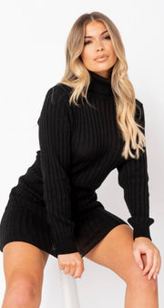 Black Rib Knit Roll Neck Jumper Dress