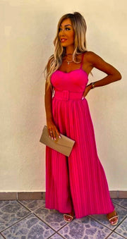 Candy Pink Plisse Pleat Buckle Belt Wide Leg Jumpsuit