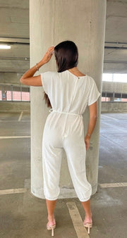 White Short Sleeve Tie Waist Jumpsuit