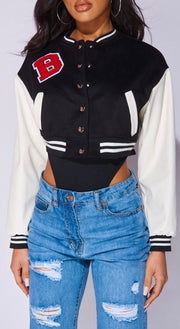 Black Faux Leather Sleeve Cropped Varsity Jacket