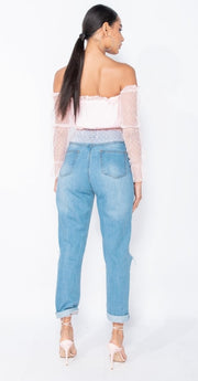 Light Blue Distressed Turn Up Hem Boyfriend Jeans