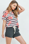 Floral Stripes Top & Shorts Set with Self Tie Ruby/Red/Charcoal