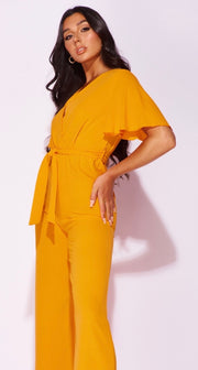 Orange Flute Sleeve Self Belt Wide Leg Jumpsuit