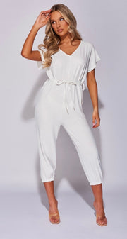 White Short Sleeve Tie Waist Jumpsuit