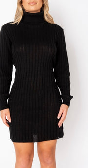 Black Rib Knit Roll Neck Jumper Dress