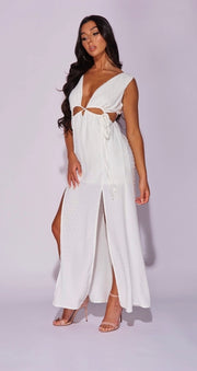 White Cut Out Waist Thigh Split Maxi Dress