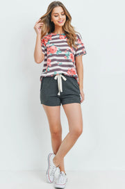 Floral Stripes Top & Shorts Set with Self Tie Ruby/Red/Charcoal