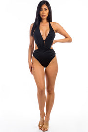 One piece Swimwear Pleated Waist and Side Cutout