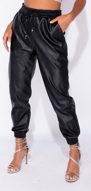 Black PU Elasticated Waistband & Hem Jogging Trousers