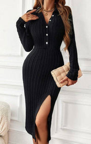 V Neck Solid Bodycon Split Long Dress