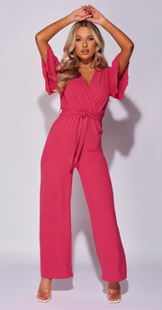 Fuchsia Flute Sleeve Self Belt Wide Leg Jumpsuit