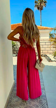 Candy Pink Plisse Pleat Buckle Belt Wide Leg Jumpsuit