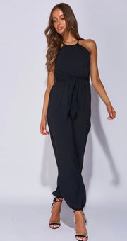 Black Halterneck Side Split Belted Jumpsuit