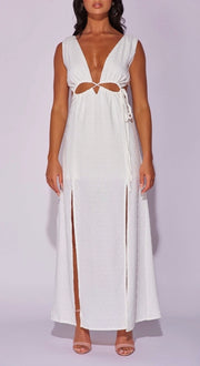 White Cut Out Waist Thigh Split Maxi Dress