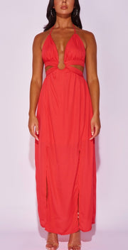 Red Cut Out Waist Thigh Split Halterneck Maxi Dress