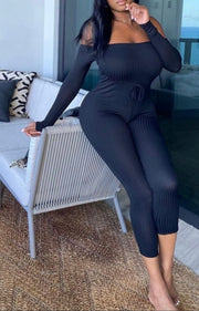 Black Rib Knit Long Sleeve Bardot Jumpsuit