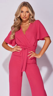 Fuchsia Flute Sleeve Self Belt Wide Leg Jumpsuit