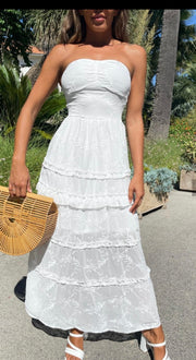 White Embroidered Tiered Bandeau Maxi Dress