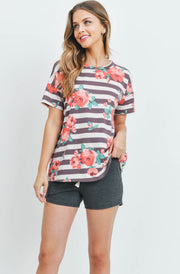 Floral Stripes Top & Shorts Set with Self Tie Ruby/Red/Charcoal