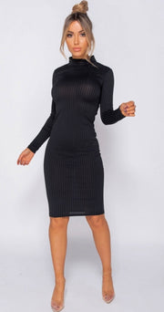 Black Rib Knit Roll Neck Midi Dress