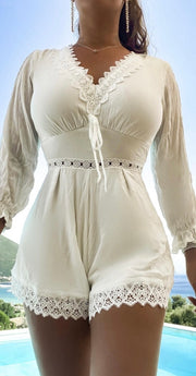 White Crochet Lace Trim Balloon Sleeve Playsuit