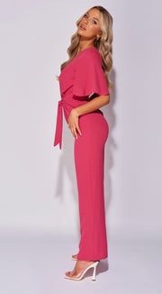 Fuchsia Flute Sleeve Self Belt Wide Leg Jumpsuit