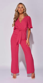 Fuchsia Flute Sleeve Self Belt Wide Leg Jumpsuit