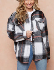 Blushed Flannel Plaid Lapel Long Sleeve Button Down Shacket