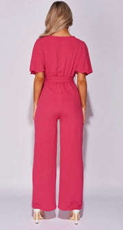 Fuchsia Flute Sleeve Self Belt Wide Leg Jumpsuit