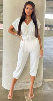 White Short Sleeve Tie Waist Jumpsuit