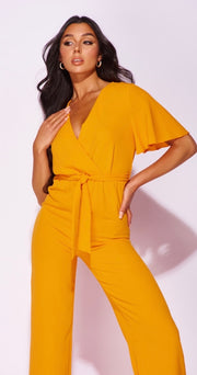 Orange Flute Sleeve Self Belt Wide Leg Jumpsuit