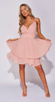 Pink Lace Trim Layered Hem Strappy Mini Dress