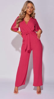 Fuchsia Flute Sleeve Self Belt Wide Leg Jumpsuit