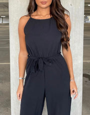 Black Halterneck Side Split Belted Jumpsuit