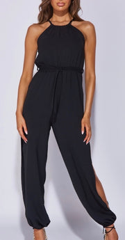 Black Halterneck Side Split Belted Jumpsuit