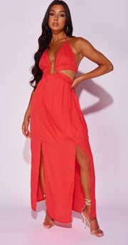 Red Cut Out Waist Thigh Split Halterneck Maxi Dress