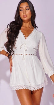 White Crochet Lace Trim Balloon Sleeve Playsuit