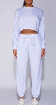 White Oversized Batwing Sleeve Crop Top & Jogger Lounge Set