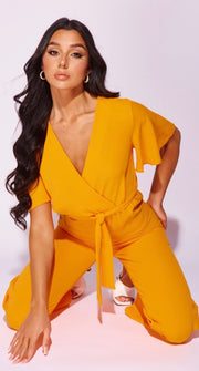 Orange Flute Sleeve Self Belt Wide Leg Jumpsuit