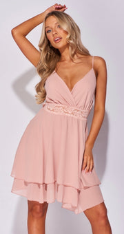 Pink Lace Trim Layered Hem Strappy Mini Dress