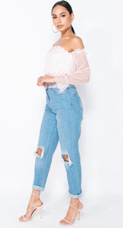 Light Blue Distressed Turn Up Hem Boyfriend Jeans