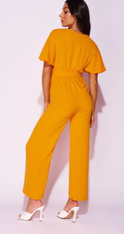 Orange Flute Sleeve Self Belt Wide Leg Jumpsuit