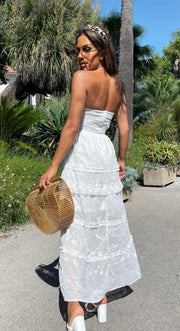 White Embroidered Tiered Bandeau Maxi Dress